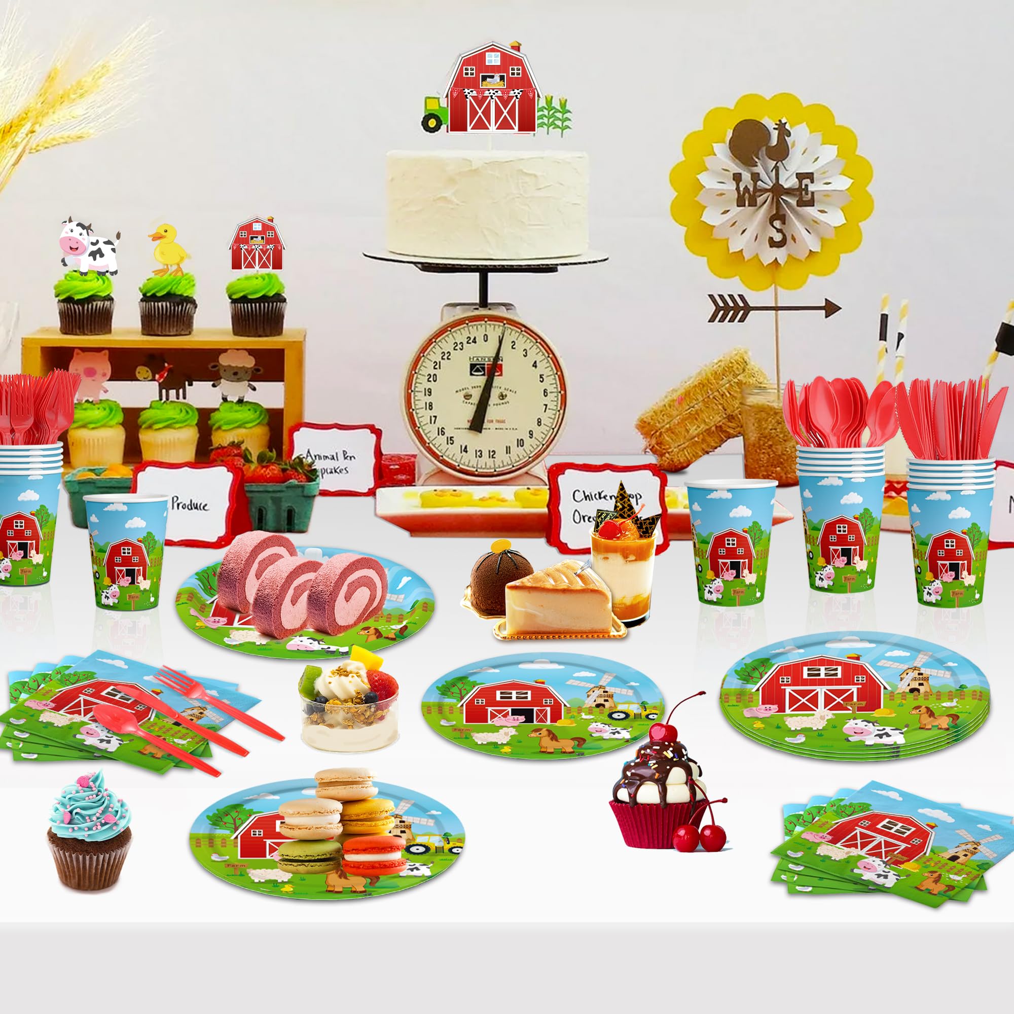 Farm Animal Birthday Party Decorations Farm Plates Tableware Barnyard Farm Birthday Party Supplies Serves 25 Farm Themed Cups, Farm Animal Napkins Red Knife/Fork/Spoon