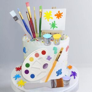 26 pcs art cake topper paint cake decorations painting cake toppers include paint pen brush painting bucket palette for kids birthday baby shower art themed party cake decoration supplies