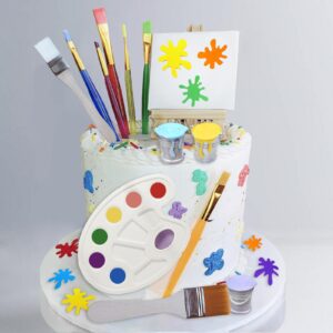 26 Pcs Art Cake Topper Paint Cake Decorations Painting Cake Toppers include Paint Pen Brush Painting Bucket Palette for Kids Birthday Baby Shower Art Themed Party Cake Decoration Supplies