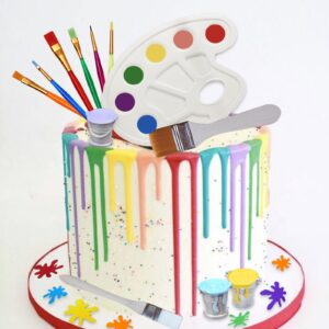 26 Pcs Art Cake Topper Paint Cake Decorations Painting Cake Toppers include Paint Pen Brush Painting Bucket Palette for Kids Birthday Baby Shower Art Themed Party Cake Decoration Supplies