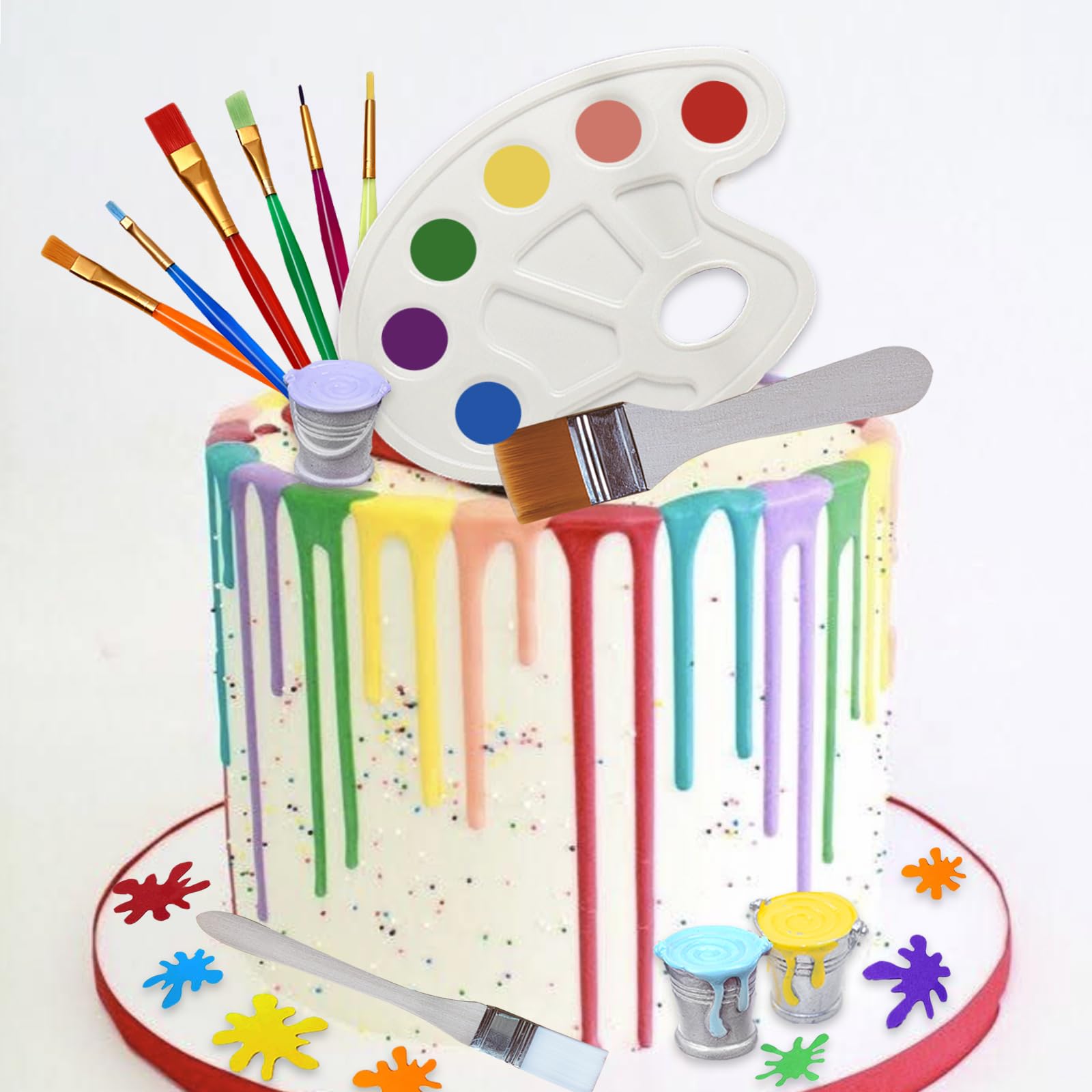 26 Pcs Art Cake Topper Paint Cake Decorations Painting Cake Toppers include Paint Pen Brush Painting Bucket Palette for Kids Birthday Baby Shower Art Themed Party Cake Decoration Supplies