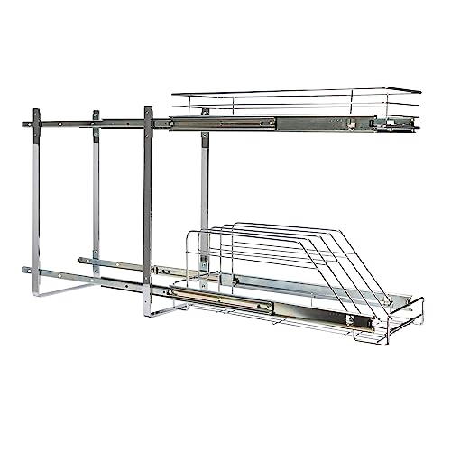 Household Essentials Glidez Multipurpose Chrome-Plated Steel Pull-Out/Slide-Out Dual-Sliding Storage Organizer for Cookware and Bakeware - 2-Tier Design - Fits Standard Size Cabinet or Shelf, Chrome