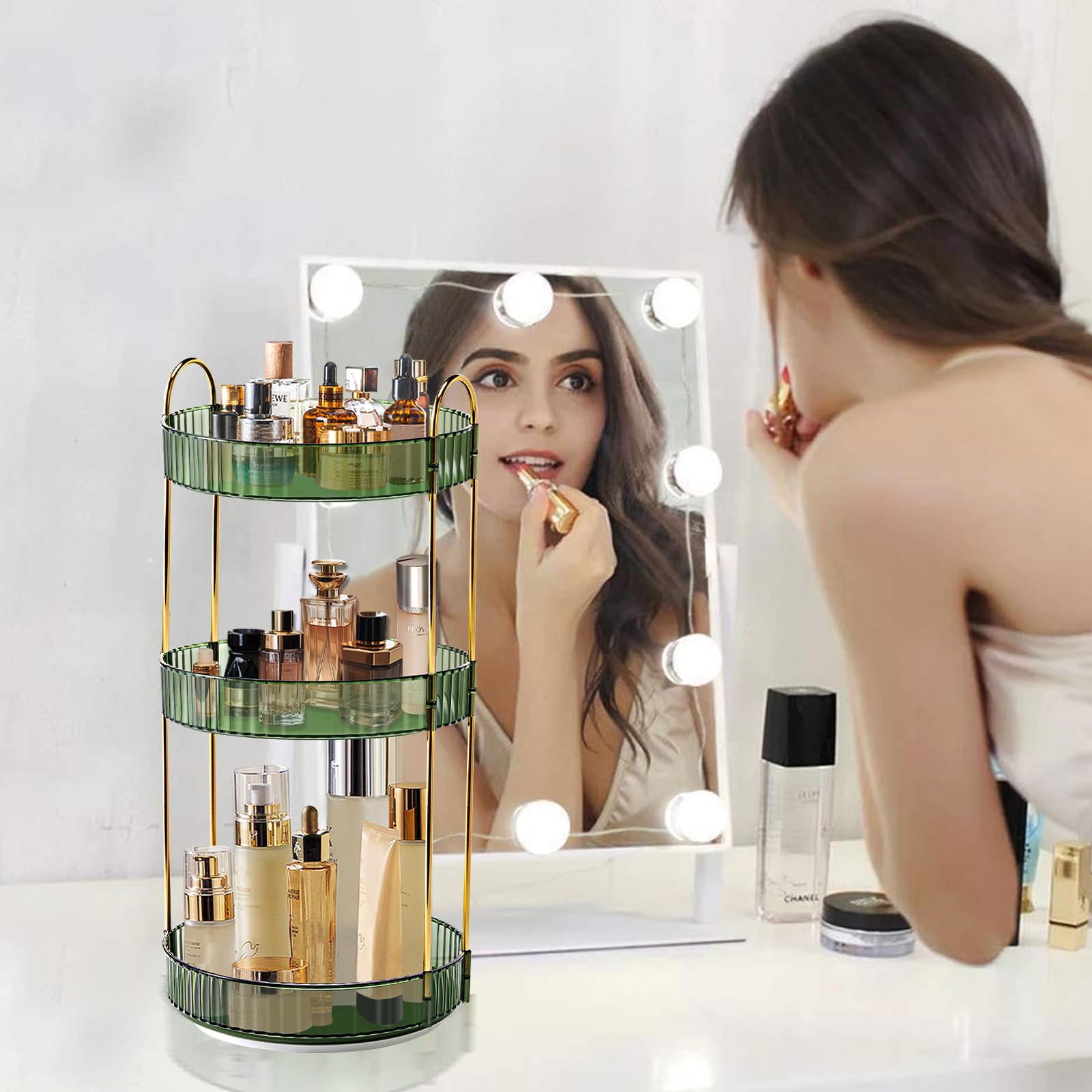 YEEYAA Rotating Makeup Organizer for Vanity,Large-Capacity Skincare Perfume Organizers,360° Spinning Cosmetics Storage Vanity Shelf Countertop,Make up Organizer Tray for Perfume,Skin Care,Lipsticks