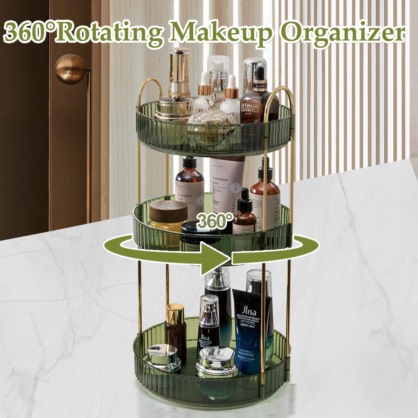 YEEYAA Rotating Makeup Organizer for Vanity,Large-Capacity Skincare Perfume Organizers,360° Spinning Cosmetics Storage Vanity Shelf Countertop,Make up Organizer Tray for Perfume,Skin Care,Lipsticks