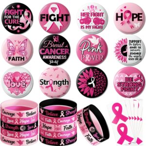 98pcs breast cancer awareness accessories, breast cancer awareness decorations with 24pcs pink ribbon breast cancer buttons, 24pcs breast cancer bracelets and 50pcs pink breast cancer stickers