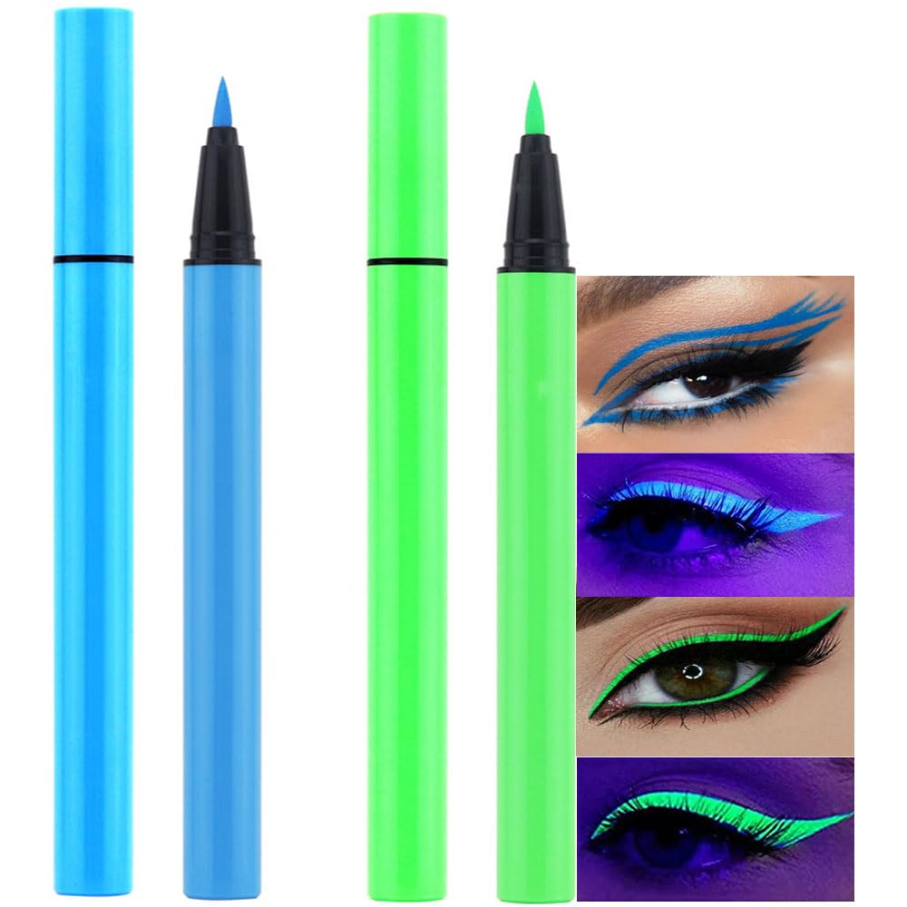 2Pcs Blue Green Neon Colorful Liquid Eyeliner Makeup Set Kit UV Glow in the Dark Bright Rainbow Colored Pigmented Graphic Liquid Eyeliner Pen Set for Body Face Paint Delineador de ojos líquido de neón