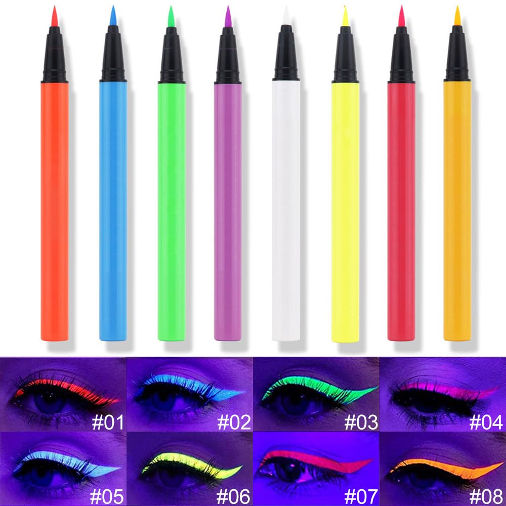 2Pcs Blue Green Neon Colorful Liquid Eyeliner Makeup Set Kit UV Glow in the Dark Bright Rainbow Colored Pigmented Graphic Liquid Eyeliner Pen Set for Body Face Paint Delineador de ojos líquido de neón