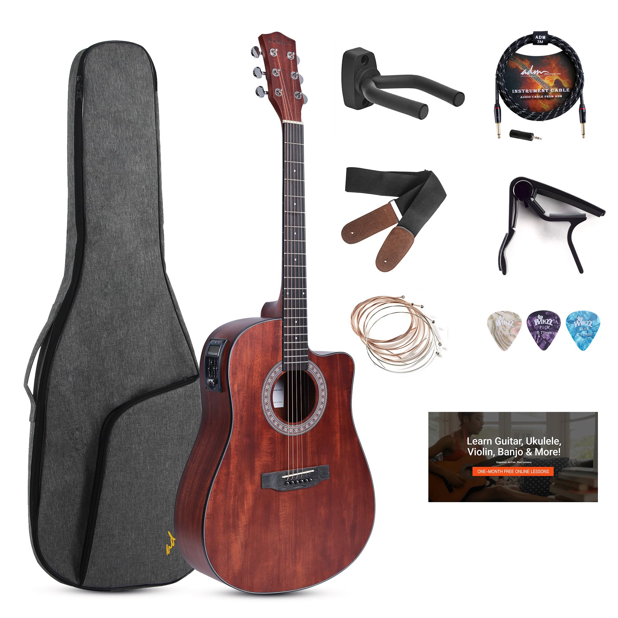 ADM Full Size Acoustic Electric Solid Top Guitar 41 Inch Cutaway Dreadnought Guitar Beginner Adults Kids Guitar with EQ, Built in Tuner, Mahogany