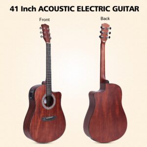 ADM Full Size Acoustic Electric Solid Top Guitar 41 Inch Cutaway Dreadnought Guitar Beginner Adults Kids Guitar with EQ, Built in Tuner, Mahogany