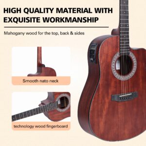 ADM Full Size Acoustic Electric Solid Top Guitar 41 Inch Cutaway Dreadnought Guitar Beginner Adults Kids Guitar with EQ, Built in Tuner, Mahogany