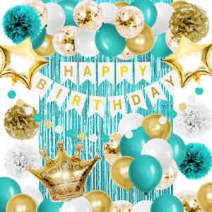 iysoll teal blue and gold birthday party decorations happy birthday banner turquoise aqua teal balloons foil fringe curtain tissue pom poms for women girls men boys