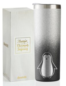 onebttl penguin gifts for women teens, penguin tumbler for penguin lovers on birthday, mother's day, cute 20 oz insulated stainless steel tumbler with lid and straw - glitter cute penguin