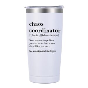 docik chaos coordinator gifts for women, boss lady, coworker, employee, mom, wife, nurse, wedding planner - thank you, teacher appreciation, birthday gifts - 20oz insulated tumbler, white