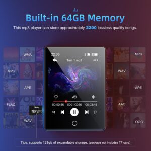 64GB Mp3 Player with Bluetooth 5.3, 2.8" Full Touch Screen Music Player, Portable Digital Lossless Media Player with FM Radio Speaker for Kids, Up to 128GB, Protective Case Headphones Included