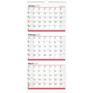 2024 office depot® brand 3-month monthly wall calendar, 12" x 27", white, january to december 2024, od303028