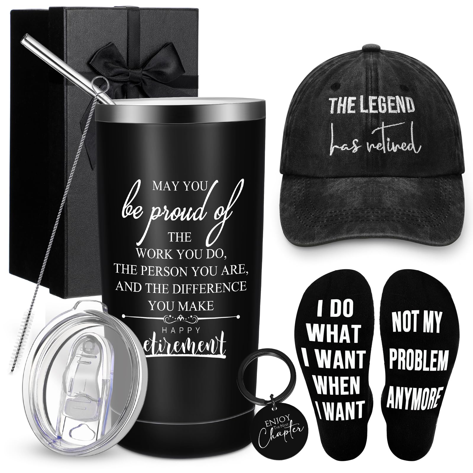 Skylety Set of 5 Retirement Gifts for Men 20 oz Stainless Steel Tumbler Retirement Sign Adjustable Hat Cap Funny Retirement Socks Enjoy the Next Chapter Keychain with Gift Box for Coworker Officer Dad