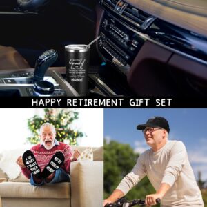 Skylety Set of 5 Retirement Gifts for Men 20 oz Stainless Steel Tumbler Retirement Sign Adjustable Hat Cap Funny Retirement Socks Enjoy the Next Chapter Keychain with Gift Box for Coworker Officer Dad