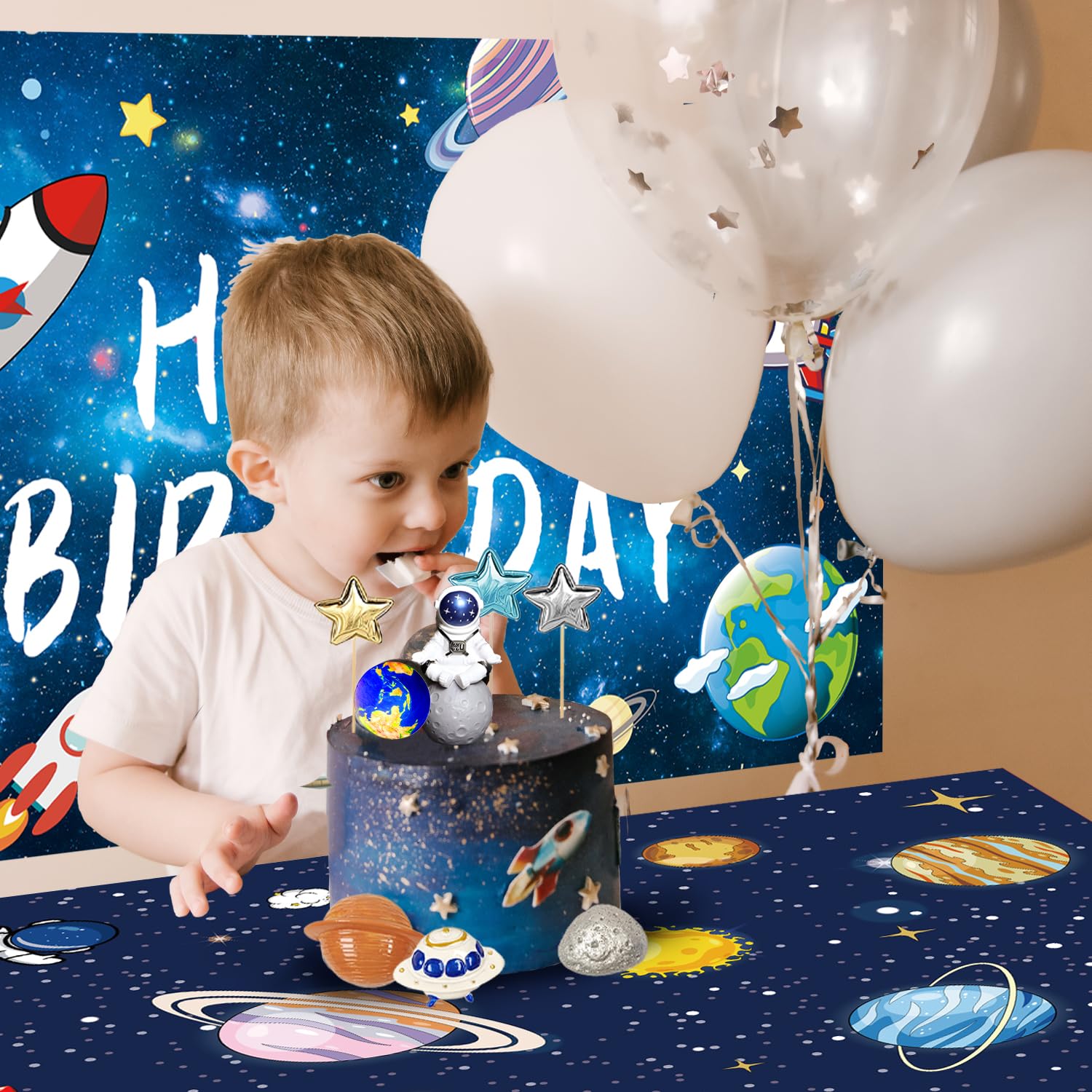 Ayearparty 32Pcs Space Cake Toppers Outer Space Cake Decorations Astronaut Figurines Planet Rocket Stars and Satellite Pearl Balls DIY Cake Toppers for Boys Birthday Baby Shower Themed Party Supplies