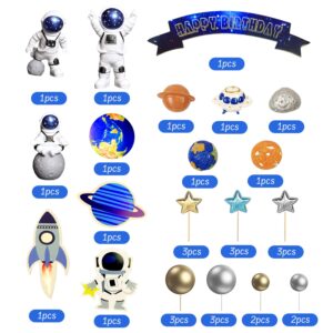 Ayearparty 32Pcs Space Cake Toppers Outer Space Cake Decorations Astronaut Figurines Planet Rocket Stars and Satellite Pearl Balls DIY Cake Toppers for Boys Birthday Baby Shower Themed Party Supplies