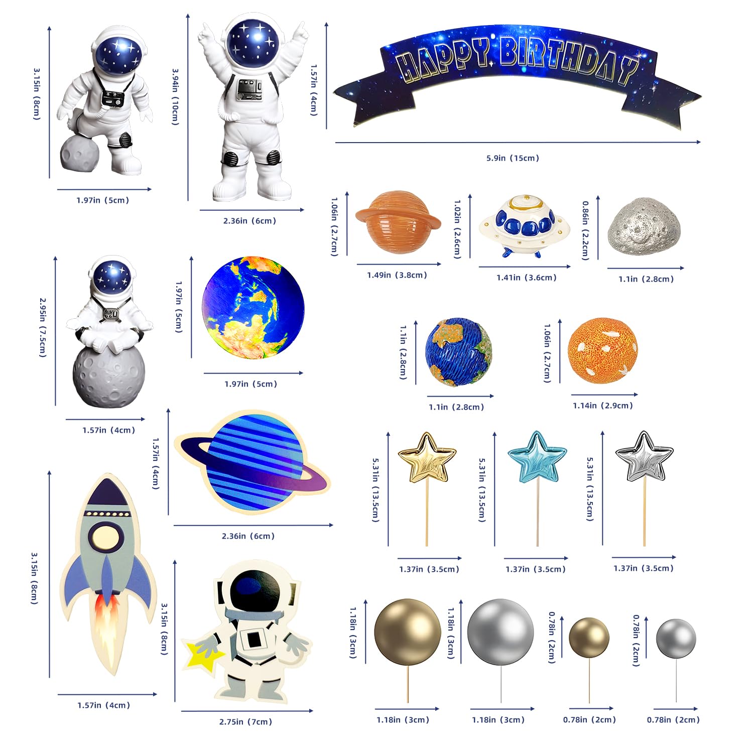 Ayearparty 32Pcs Space Cake Toppers Outer Space Cake Decorations Astronaut Figurines Planet Rocket Stars and Satellite Pearl Balls DIY Cake Toppers for Boys Birthday Baby Shower Themed Party Supplies