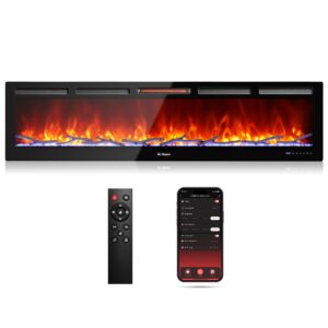 turbro 72” smart wifi infrared electric fireplace with sound crackling and realistic flame, 1500w quartz heater, recessed or wall mounted, adjustable flame effects, remote control and app, in flames