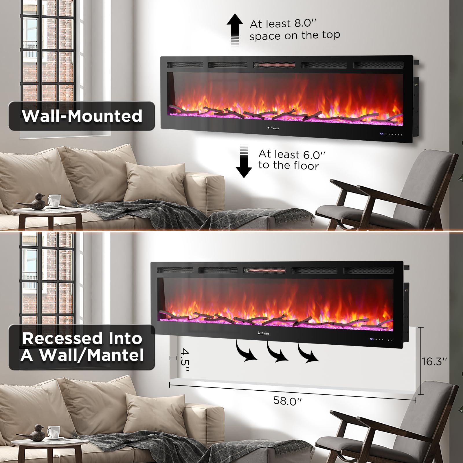 TURBRO 72” Smart WiFi Infrared Electric Fireplace with Sound Crackling and Realistic Flame, 1500W Quartz Heater, Recessed or Wall Mounted, Adjustable Flame Effects, Remote Control and App, in Flames