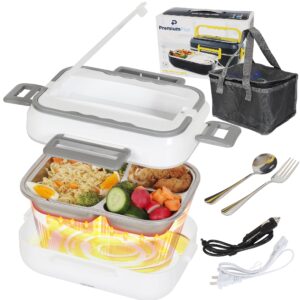 premiumplus electric lunch box food heater- portable food warmer with carrying bag, fork & spoon- lunch box warmer portable for work car truck- 1.5l crockpot lunch warmer- 60w 12v/24v/110v - white