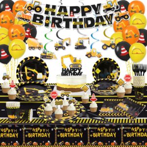 171pcs construction birthday party supplies include dump truck banners, hanging swirls, balloons, plates, paper cups, napkins, forks, cake toppers, tablecloth, construction party set for 24 guests
