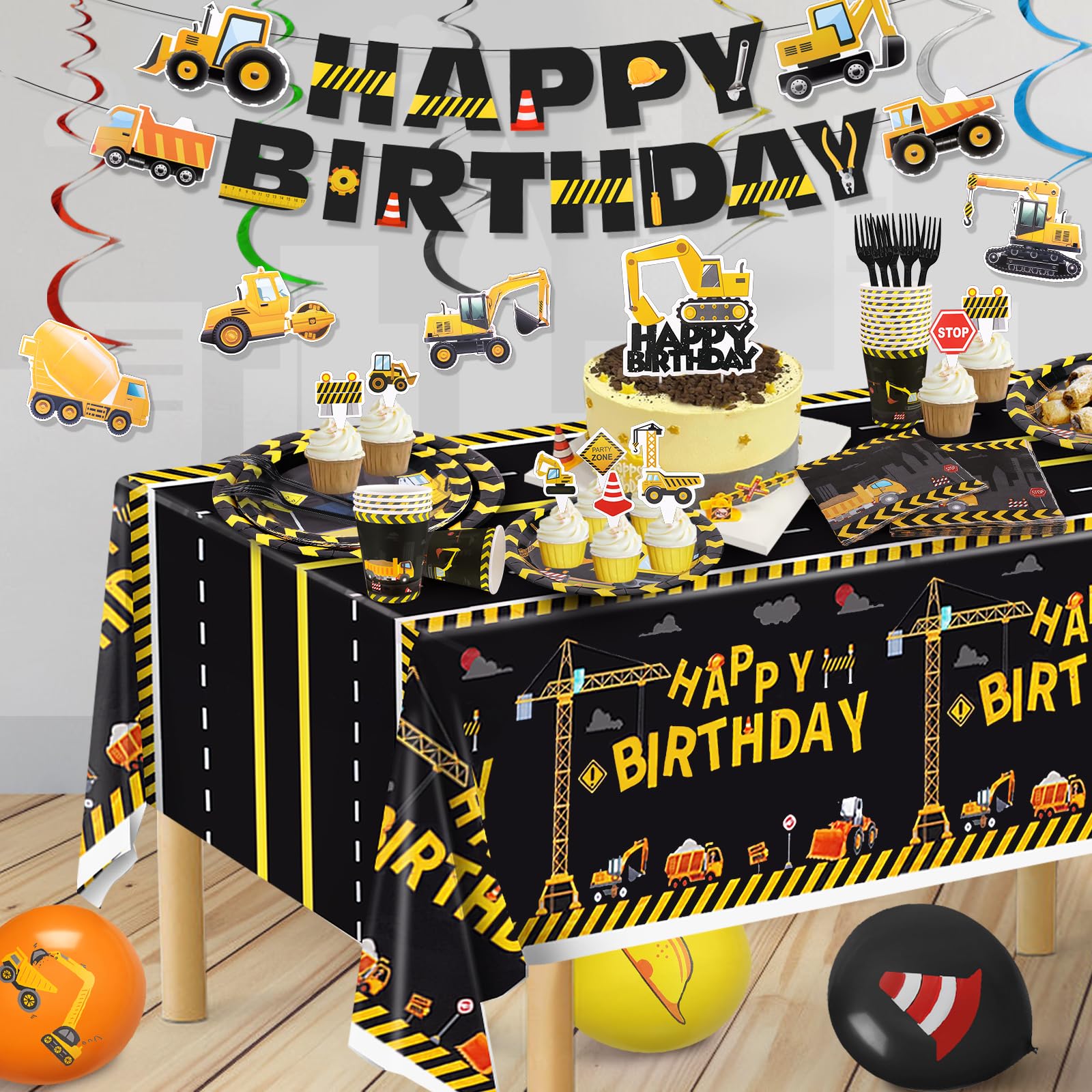 171Pcs Construction Birthday Party Supplies Include Dump Truck Banners, Hanging Swirls, Balloons, Plates, Paper Cups, Napkins, Forks, Cake Toppers, Tablecloth, Construction Party Set for 24 Guests