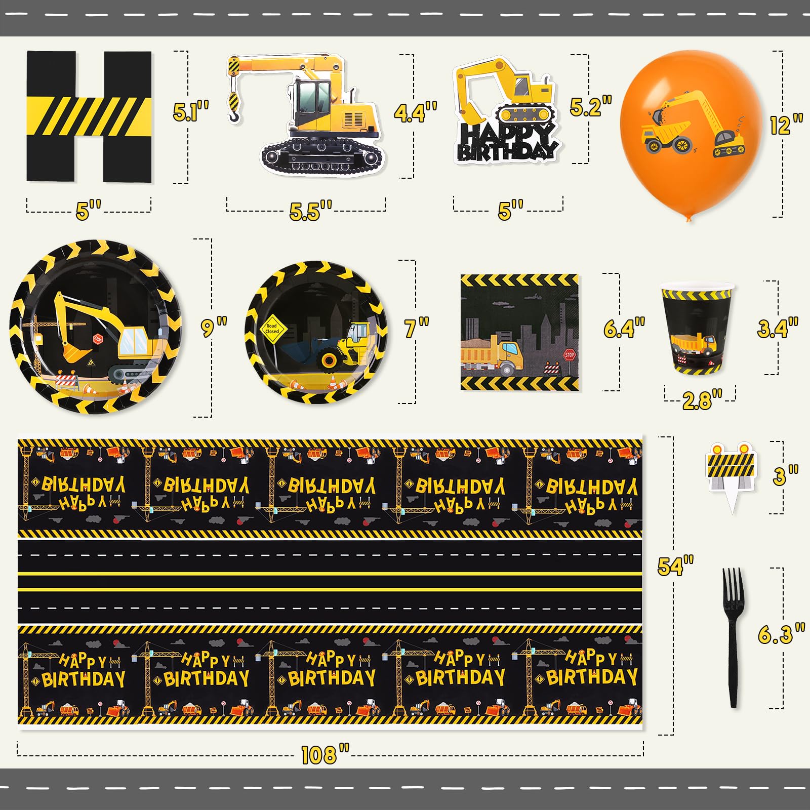 171Pcs Construction Birthday Party Supplies Include Dump Truck Banners, Hanging Swirls, Balloons, Plates, Paper Cups, Napkins, Forks, Cake Toppers, Tablecloth, Construction Party Set for 24 Guests