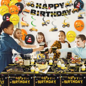 171Pcs Construction Birthday Party Supplies Include Dump Truck Banners, Hanging Swirls, Balloons, Plates, Paper Cups, Napkins, Forks, Cake Toppers, Tablecloth, Construction Party Set for 24 Guests