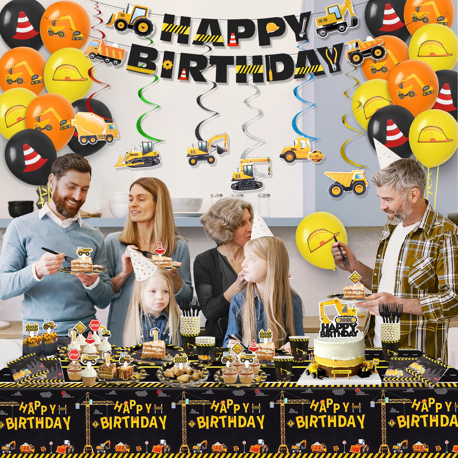 171Pcs Construction Birthday Party Supplies Include Dump Truck Banners, Hanging Swirls, Balloons, Plates, Paper Cups, Napkins, Forks, Cake Toppers, Tablecloth, Construction Party Set for 24 Guests