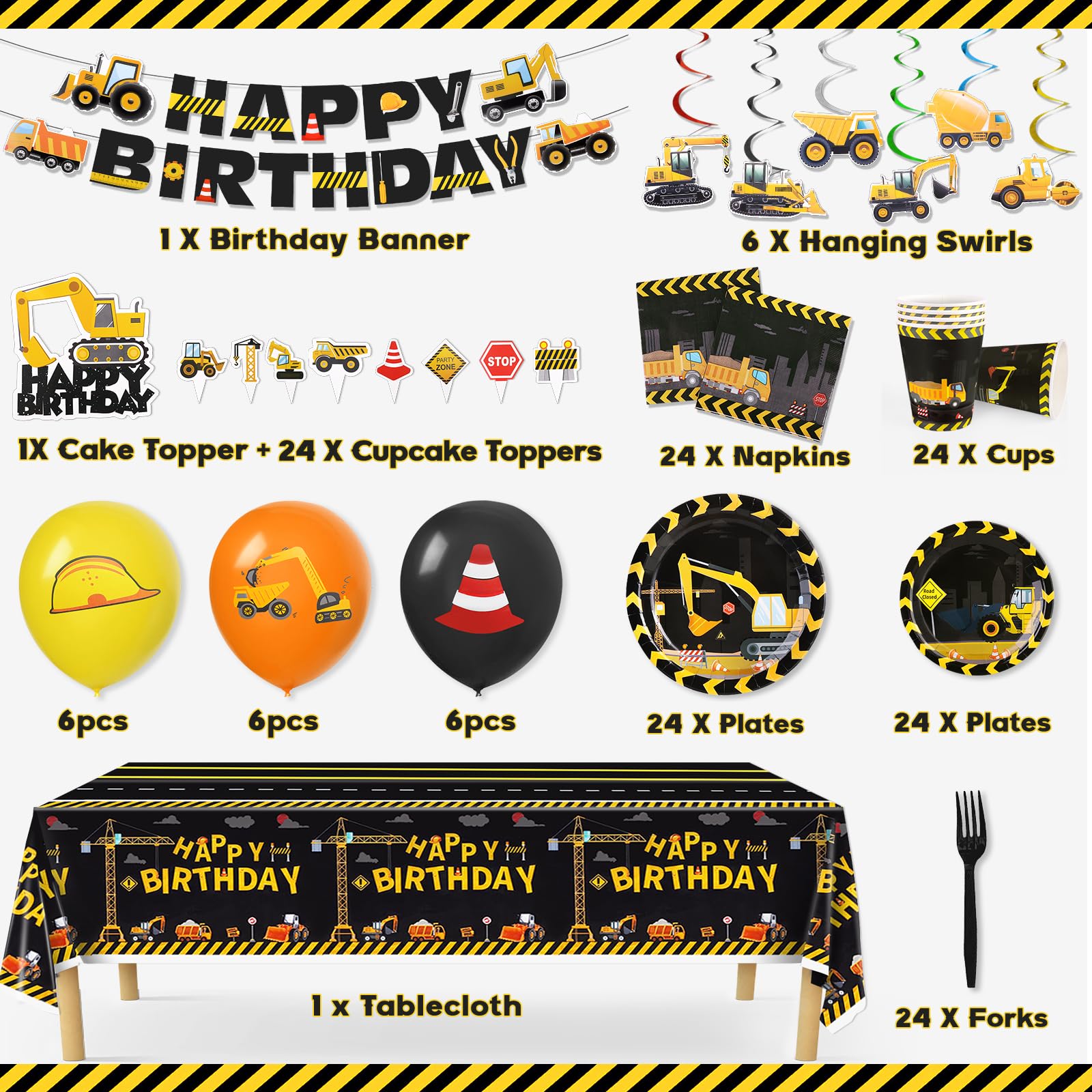 171Pcs Construction Birthday Party Supplies Include Dump Truck Banners, Hanging Swirls, Balloons, Plates, Paper Cups, Napkins, Forks, Cake Toppers, Tablecloth, Construction Party Set for 24 Guests