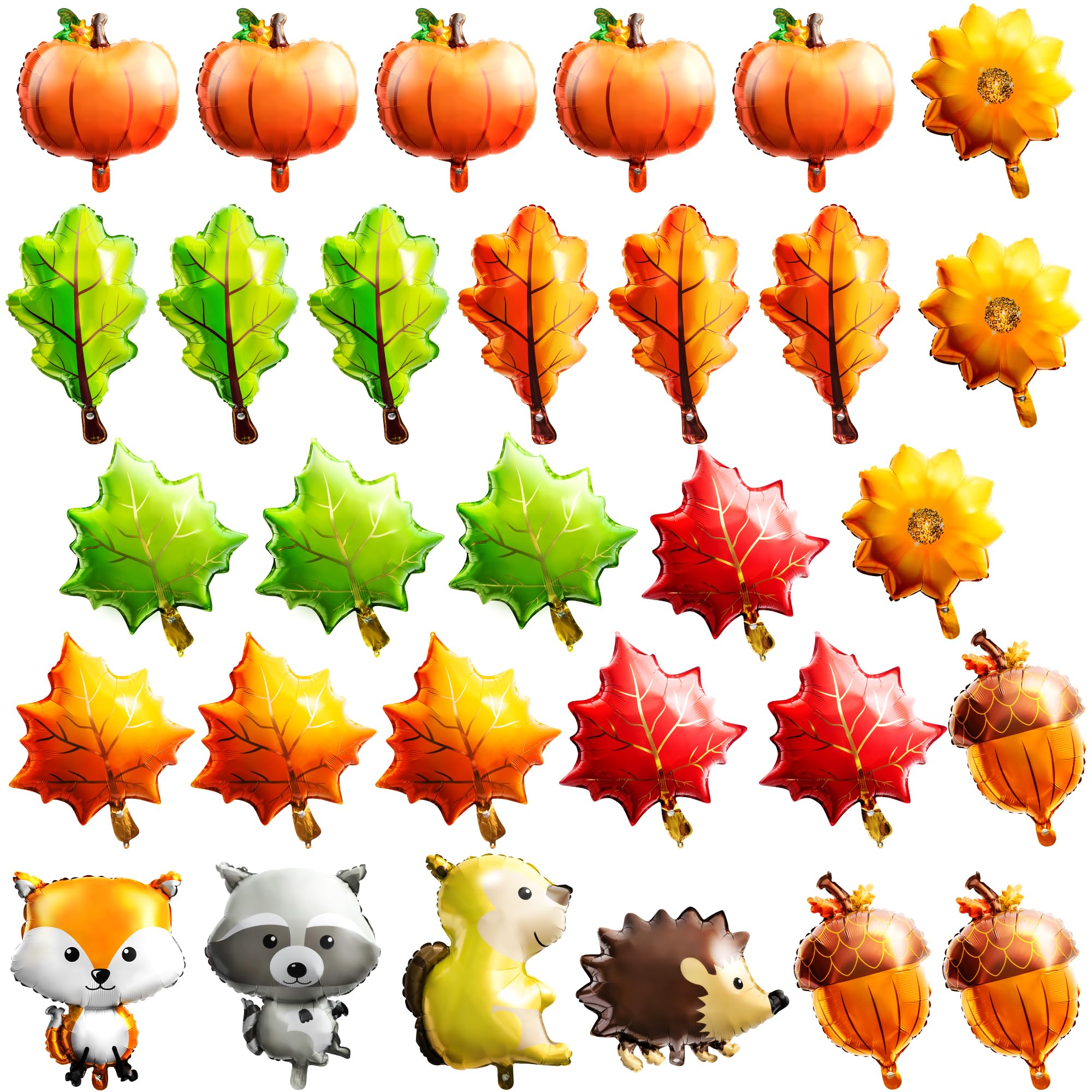 Xqumoi 30Pcs Fall Woodland Animals Foil Balloons Thanksgiving Party Decorations Supplies Forest Creatures Pumpkin Maple Leaves Mylar Helium Balloons for Baby Shower Birthday Autumn Harvest Decor