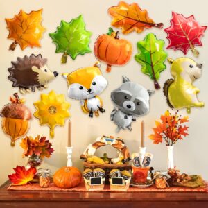 Xqumoi 30Pcs Fall Woodland Animals Foil Balloons Thanksgiving Party Decorations Supplies Forest Creatures Pumpkin Maple Leaves Mylar Helium Balloons for Baby Shower Birthday Autumn Harvest Decor