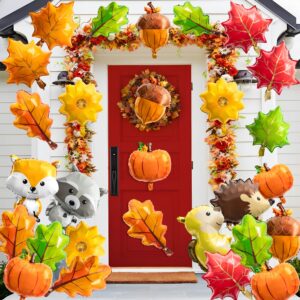 Xqumoi 30Pcs Fall Woodland Animals Foil Balloons Thanksgiving Party Decorations Supplies Forest Creatures Pumpkin Maple Leaves Mylar Helium Balloons for Baby Shower Birthday Autumn Harvest Decor