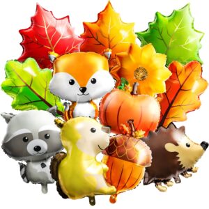 Xqumoi 30Pcs Fall Woodland Animals Foil Balloons Thanksgiving Party Decorations Supplies Forest Creatures Pumpkin Maple Leaves Mylar Helium Balloons for Baby Shower Birthday Autumn Harvest Decor