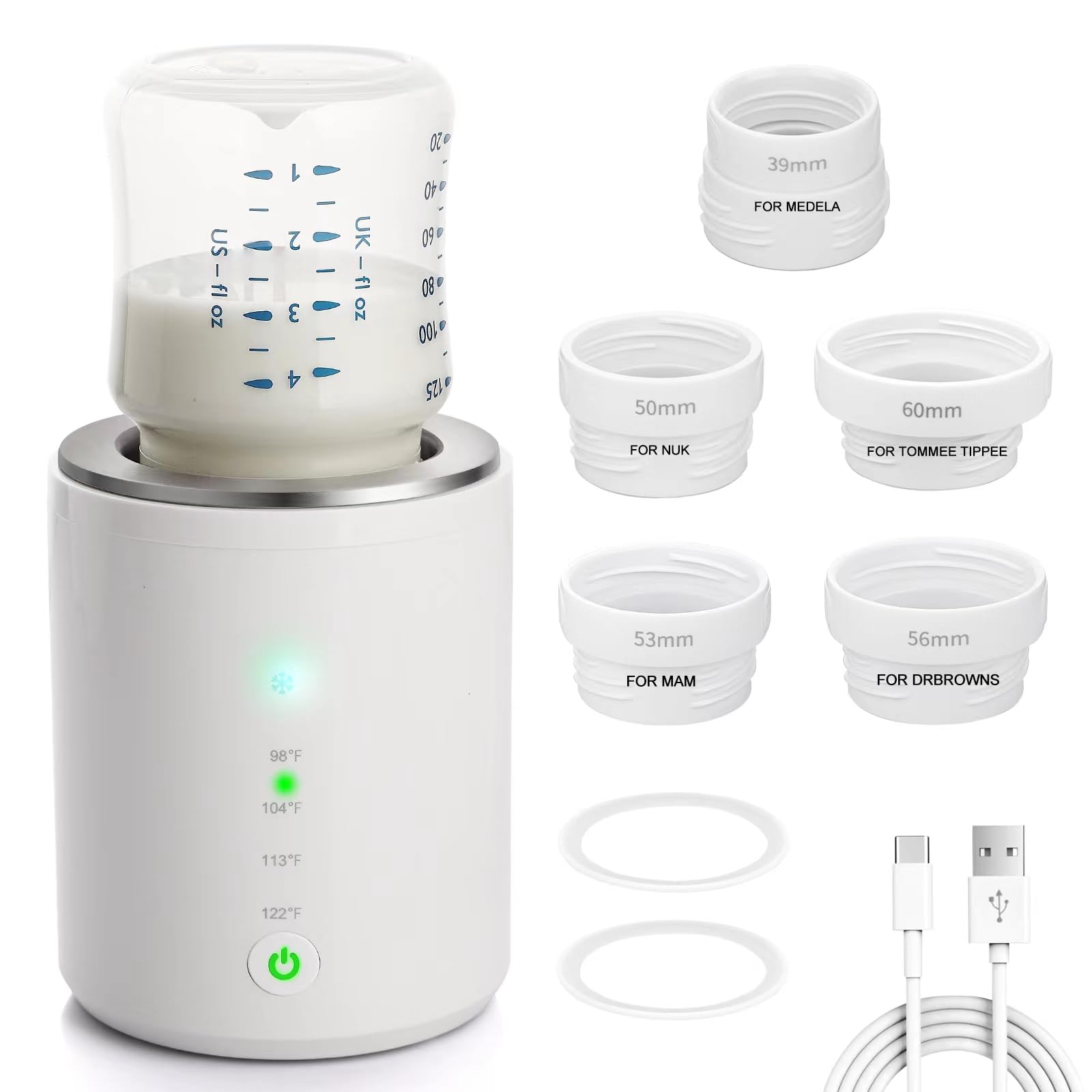CNDREAM Bottle Warmer, Portable Bottle Warmer with 5 Adapters, Rechargeable Baby Bottle Warmer with Precise Temperature Control, Fast Heating Travel Bottle Warmer for Breastmilk & Babys Brew