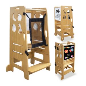 wooden brown 1-3 toddler tower kitchen helper,height adjustable learning standing tower with black and white activity board & safety net perfect for kitchen, bathroom and bedroom children step stool