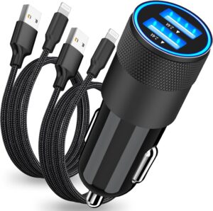 [apple mfi certified] iphone fast car charger, barmaso 4.8a dual usb smart power rapid car charger + 2pack lightning braided cable quick charging for iphone 14 13 12 11 pro max/xs/xr/se/x/ipad/airpods