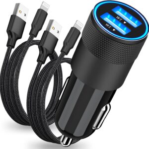 [Apple MFi Certified] iPhone Fast Car Charger, BARMASO 4.8A Dual USB Smart Power Rapid Car Charger + 2Pack Lightning Braided Cable Quick Charging for iPhone 14 13 12 11 Pro Max/XS/XR/SE/X/iPad/AirPods