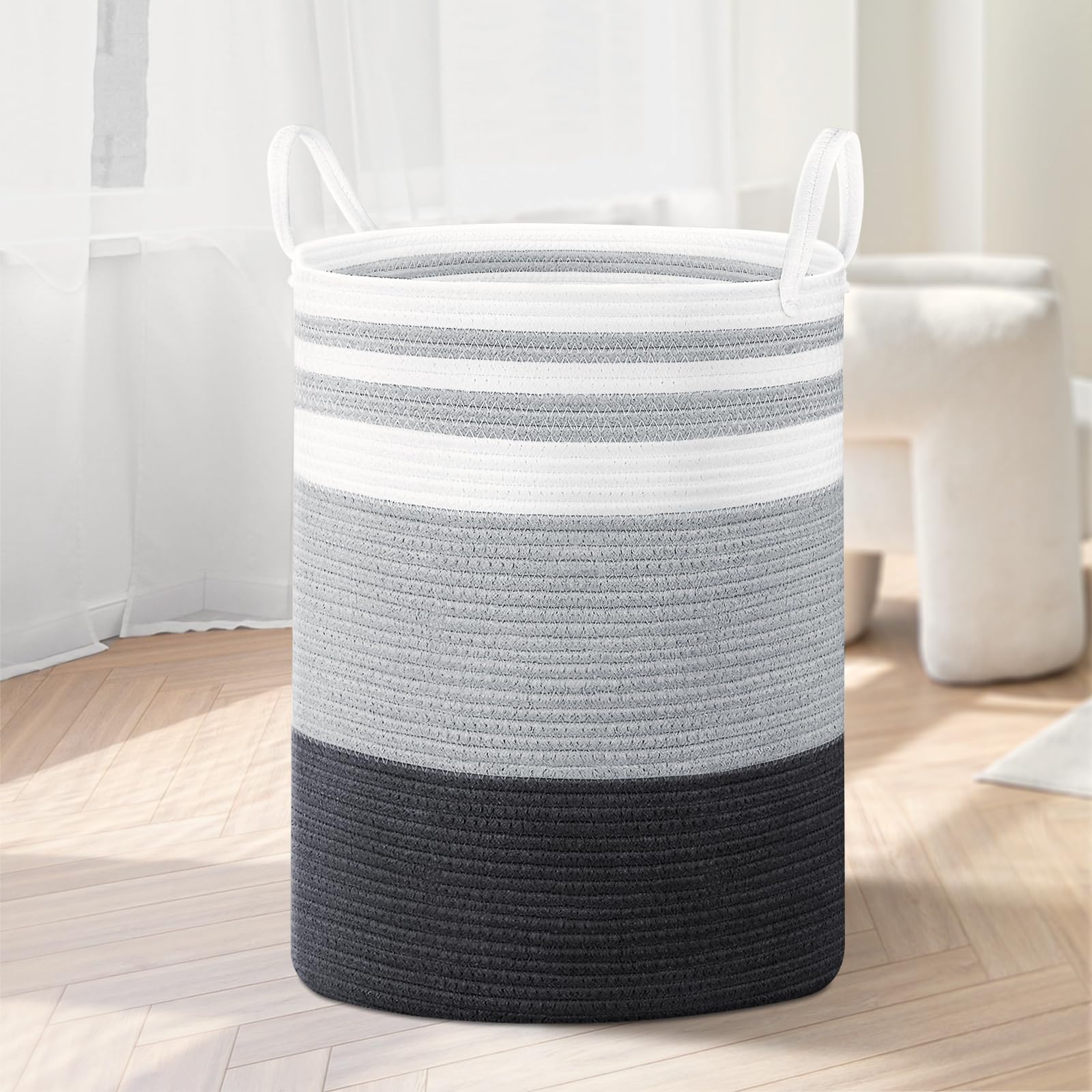 WOWBOX Cotton Rope Laundry Hamper, Large Laundry Basket, Dirty Clothes Storage Basket Laundry Bin for Blanket, Bedroom, Dorm, Towels, Toys (Grey, 58L)