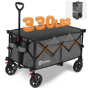 sekey collapsible foldable wagon with 330lbs weight capacity, heavy duty folding wagon cart for grocery camping, with big all-terrain wheels & drink holders.black