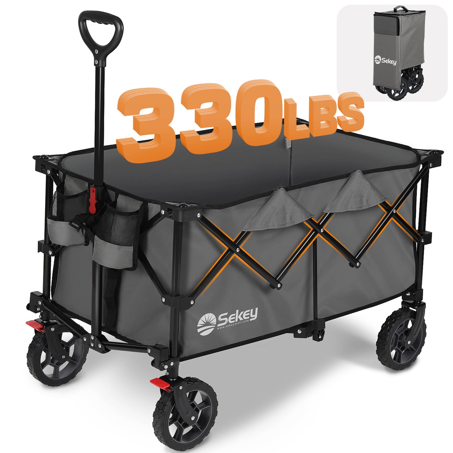 Sekey Collapsible Foldable Wagon with 330lbs Weight Capacity, Heavy Duty Folding Wagon Cart for Grocery Camping, with Big All-Terrain Wheels & Drink Holders.Black