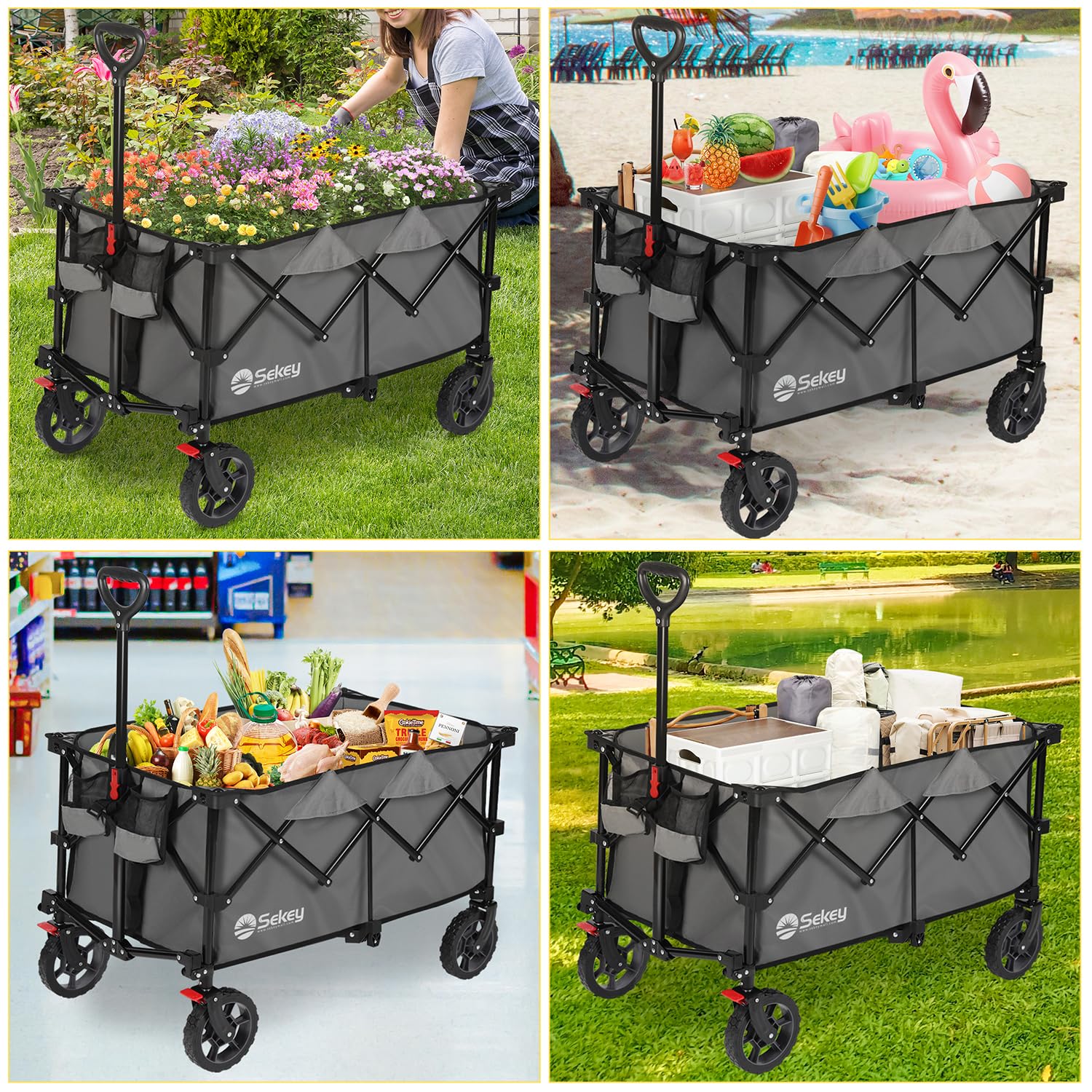 Sekey Collapsible Foldable Wagon with 330lbs Weight Capacity, Heavy Duty Folding Wagon Cart for Grocery Camping, with Big All-Terrain Wheels & Drink Holders.Black