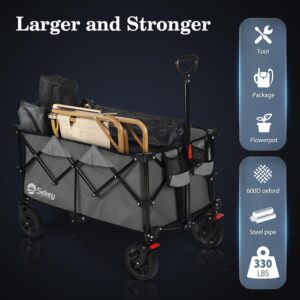 Sekey Collapsible Foldable Wagon with 330lbs Weight Capacity, Heavy Duty Folding Wagon Cart for Grocery Camping, with Big All-Terrain Wheels & Drink Holders.Black