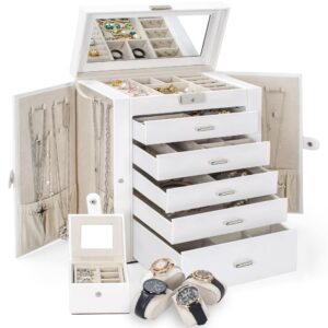 toribio jewelry box, jewelry case with small travel case jewelry storage organizer, large storage capacity, faux leather jewelry storage case with 5 drawers, for girls/women/mother, white