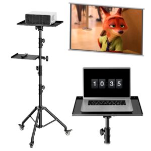 yotilon projector stand tripod from 28'' to 56'',laptop tripod stand with wheels and 2 shelves, rolling projector stand for outside, projector, dj equipment, sheet music, cell phone.