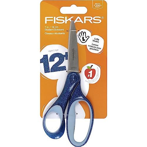 Fiskars 7" SoftGrip Left-Handed Student Glitter Scissors for Kids 12+ - Left-Handed Scissors for School or Crafting - Back to School Supplies - Blue