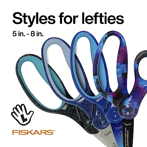 Fiskars 7" SoftGrip Left-Handed Student Glitter Scissors for Kids 12+ - Left-Handed Scissors for School or Crafting - Back to School Supplies - Blue